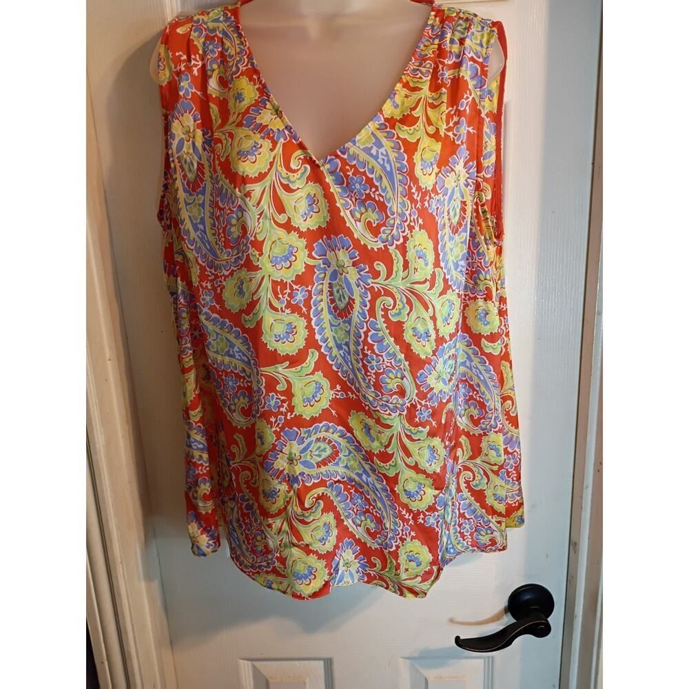 Lauren Ralph Lauren Top Orange Paisley Sleeveless Sz 14W Colorful Staple Classic